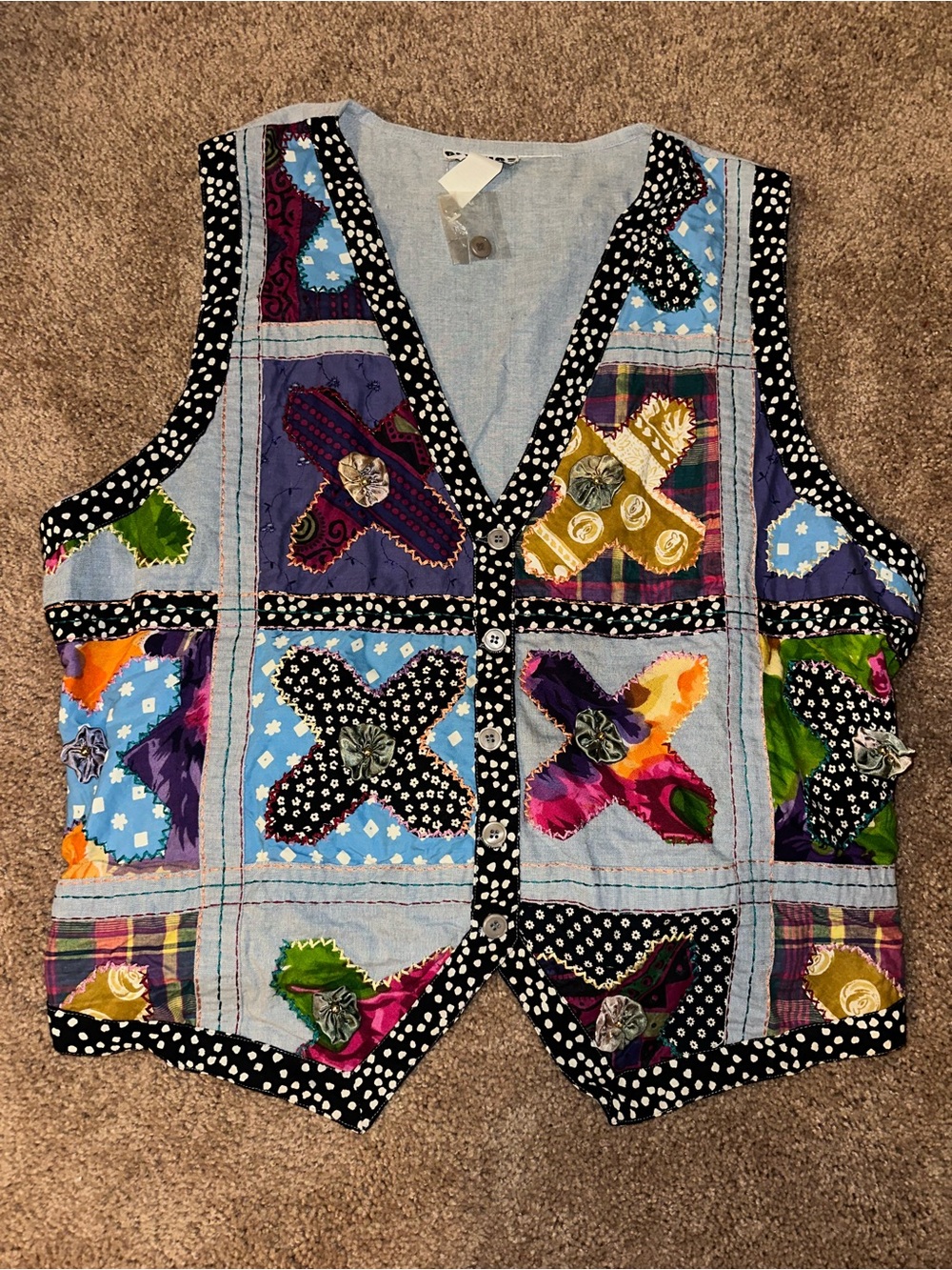 Gitano Multicolor Patchwork Boho Vest with Black-and-White Trim